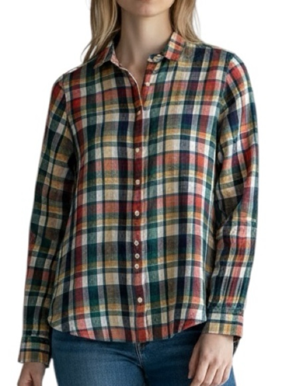 LL Bean linen plaid button down long sleeve shirt size S excellent condition